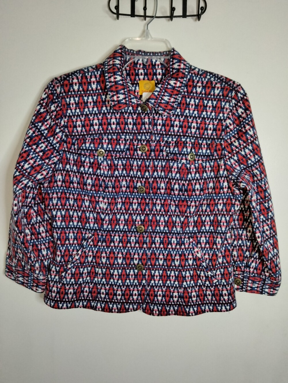 Ruby Rd. (Size 10) Multicolored Geometric Button Down Jacket - Navy, Red, White